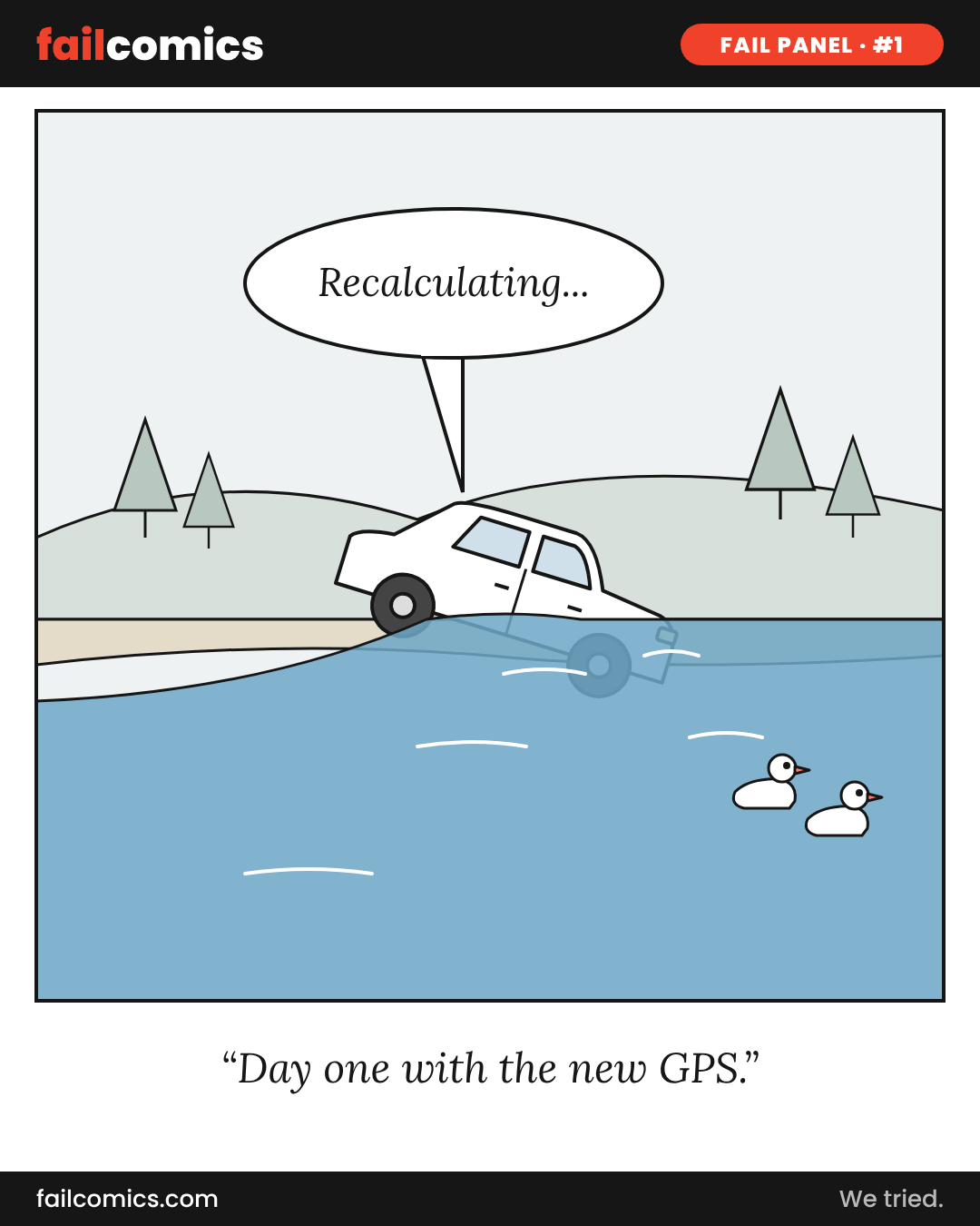 Single-panel cartoon of a car driving nose-first into a lake while two ducks watch, with the GPS saying Recalculating.