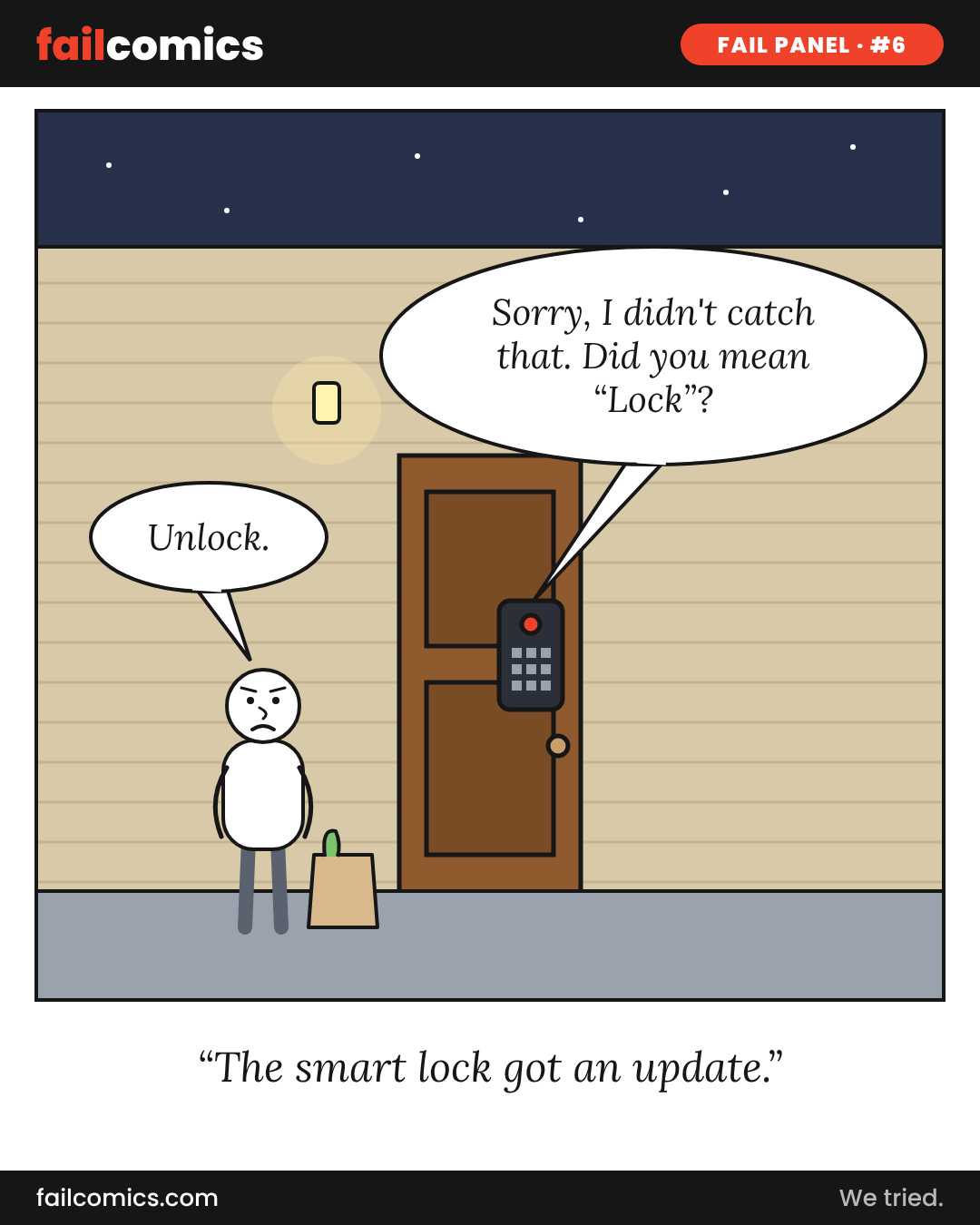 Single-panel cartoon of a man with groceries outside his front door at night, asking his smart lock to unlock while it asks if he meant lock.